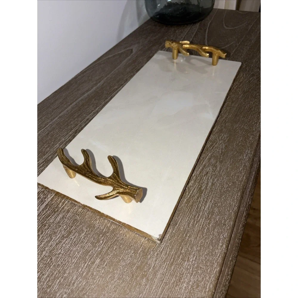 Indian White Marble Serving Tray with Gold Finish Metal Handle DECORATIVE 14x7‎